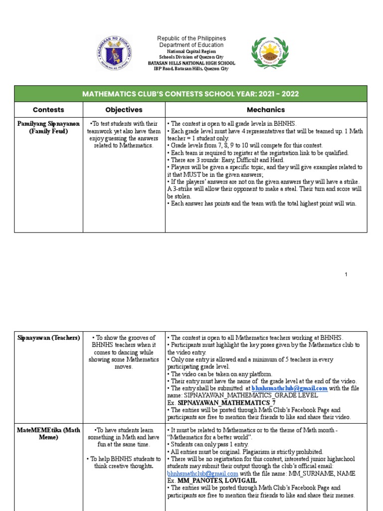 Math Club Contest Proposal 2021-2022 | PDF | Quiz | Mathematics