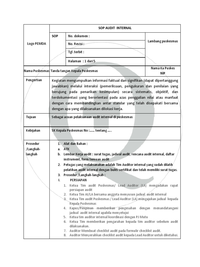 SOP Audit Internal Puskesmas | PDF | Bisnis