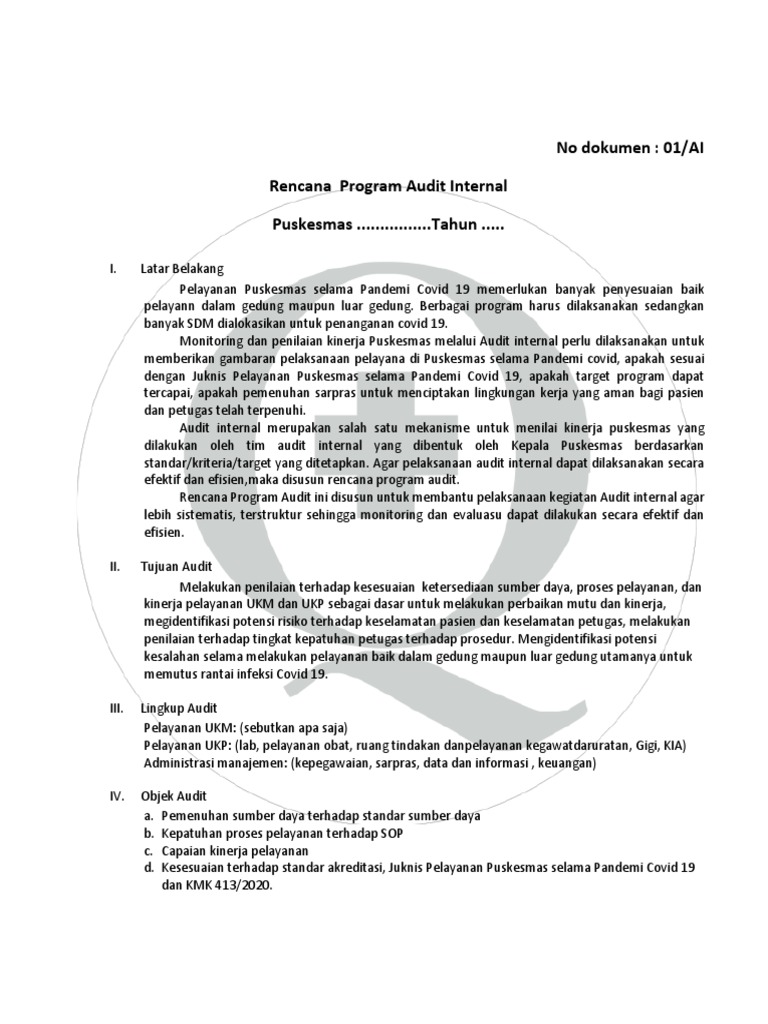 Rencana Audit Internal Puskesmas 2023 | PDF