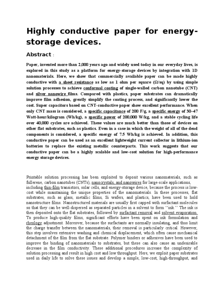 Highly Conductive Paper For Energy-Storage Devices | PDF | Carbon ...