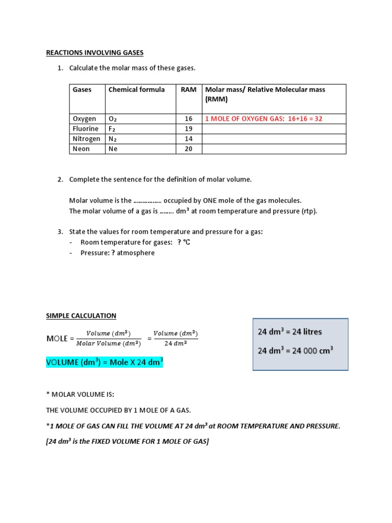 Molar Mass and Volume of Gases | PDF | Gases | Mole (Unit)