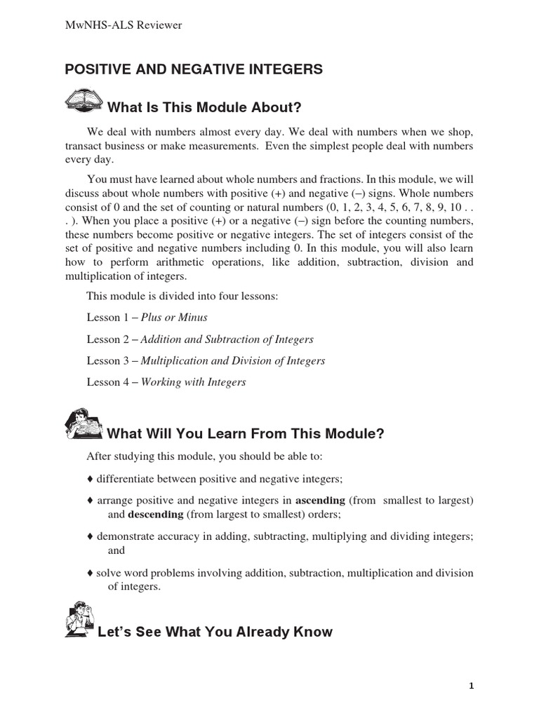 Positive and Negative Integers PDF | PDF | Multiplication | Division ...