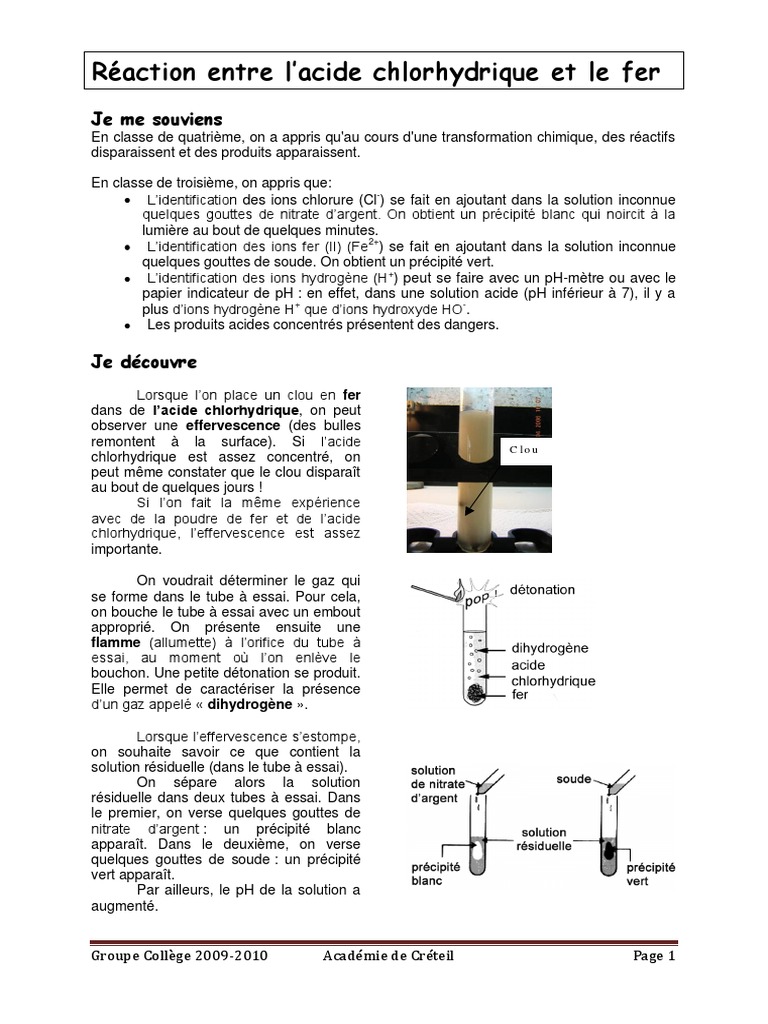 Réaction acide chlorhydrique et fer PDF Acide chlorhydrique Acide — free download