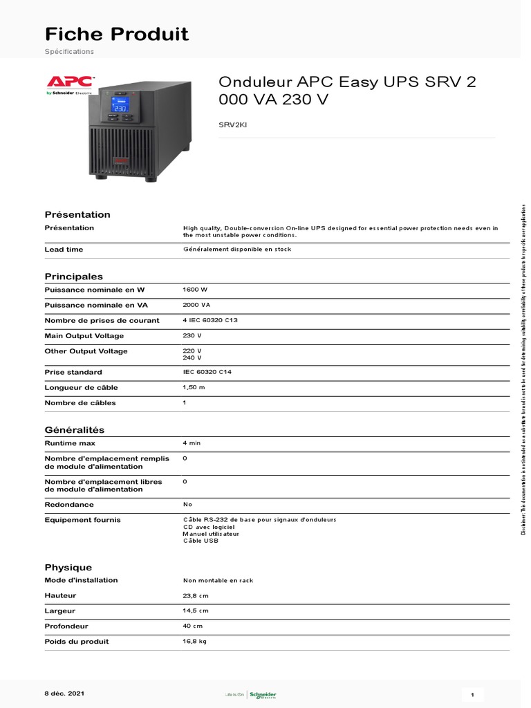 Onduleur APC Easy UPS SRV 2 000 VA 230 V - SRV2KI