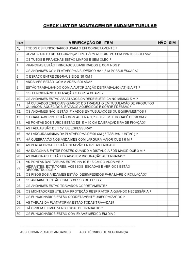 Checklist de Montagem de Andaime Tubular | PDF