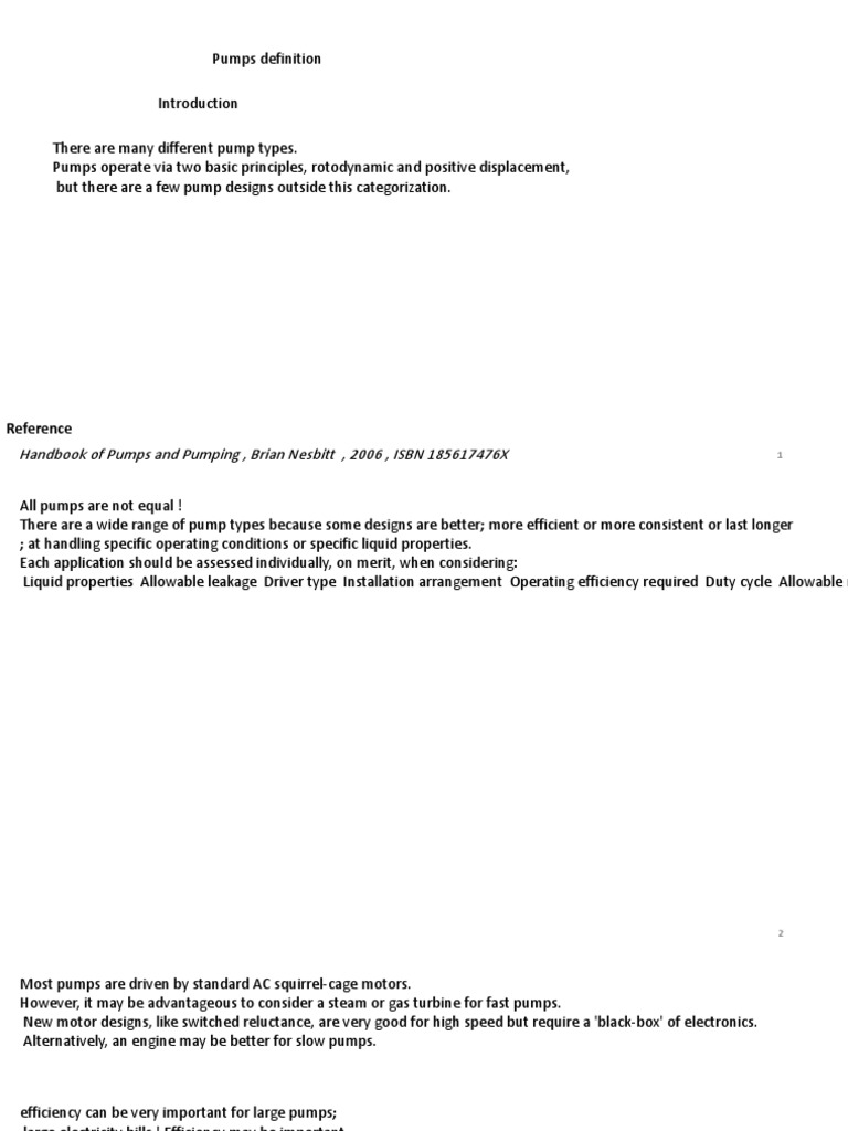 Pumps Definition Handbook of Pumps and Pumping, Brian Nesbitt, 2006