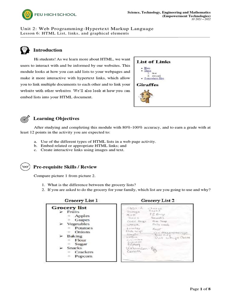 Lesson 6 - HTML Lists and Links | PDF | Hyperlink | Html Element