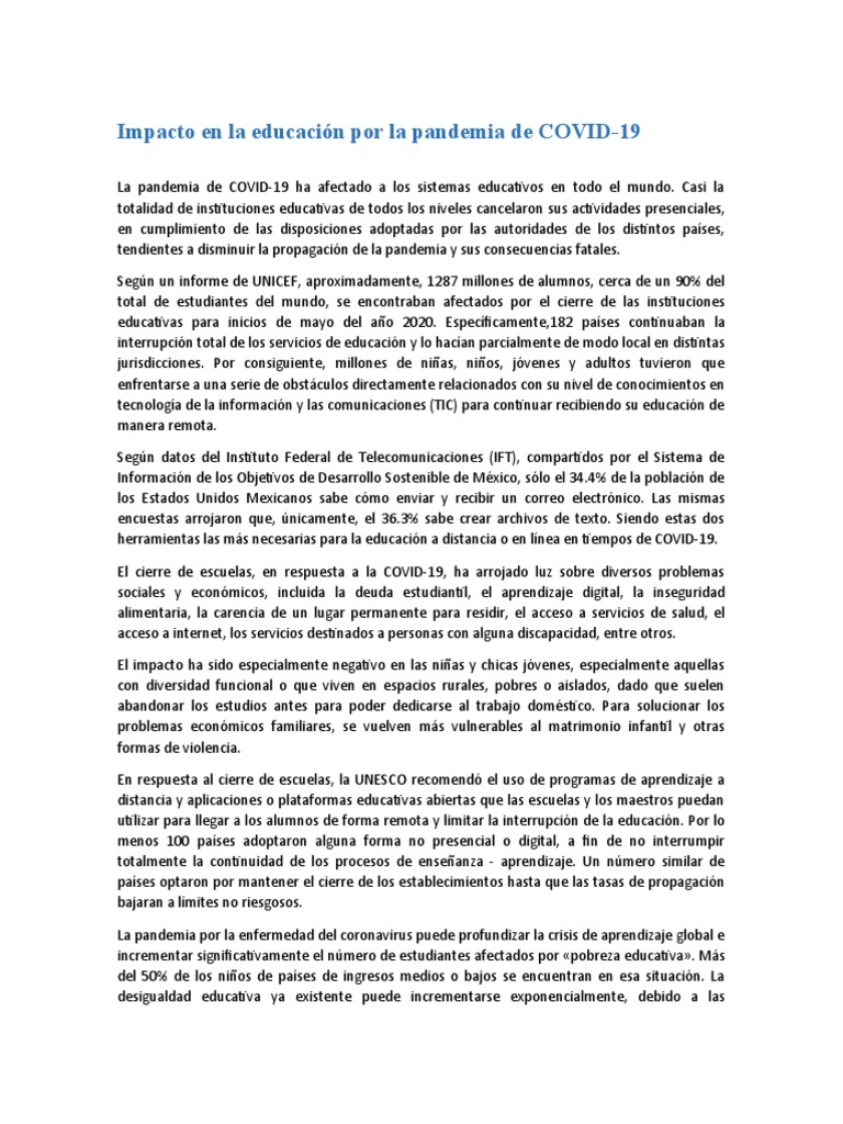 Impacto de COVID-19 en la educación global | PDF