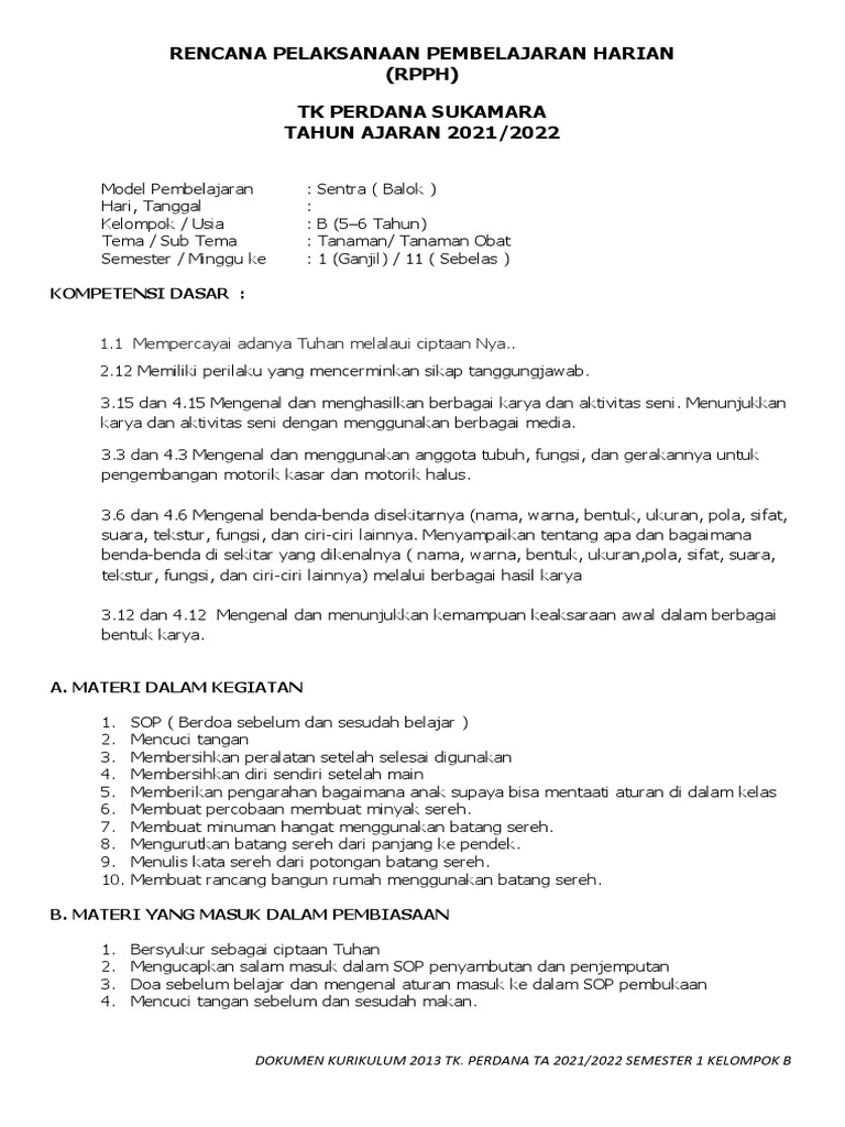 RPPH TK: Kegiatan Tanaman Obat | PDF | Karier & Perkembangan