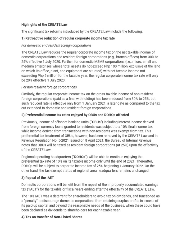 Highlights of The CREATE Law | PDF | Taxes | Capital Gains Tax