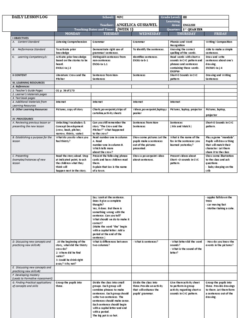 DLL Quarter 1 Week 1 ENGLISH 3 | PDF | Reading Comprehension | Pedagogy