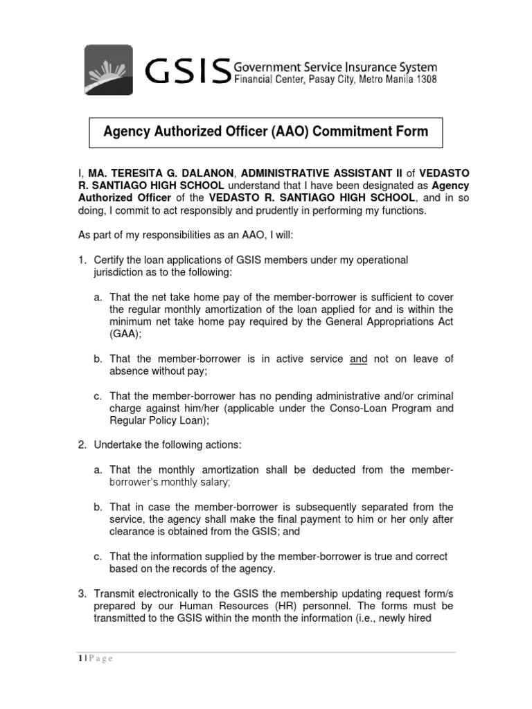 AAO Commitment Form for GSIS Loans | PDF | Loans | Government