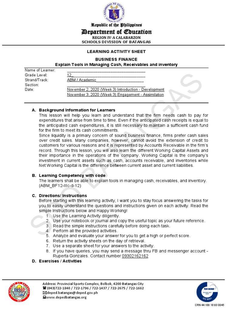 Grade 12 Business Finance Guide | PDF | Working Capital | Inventory