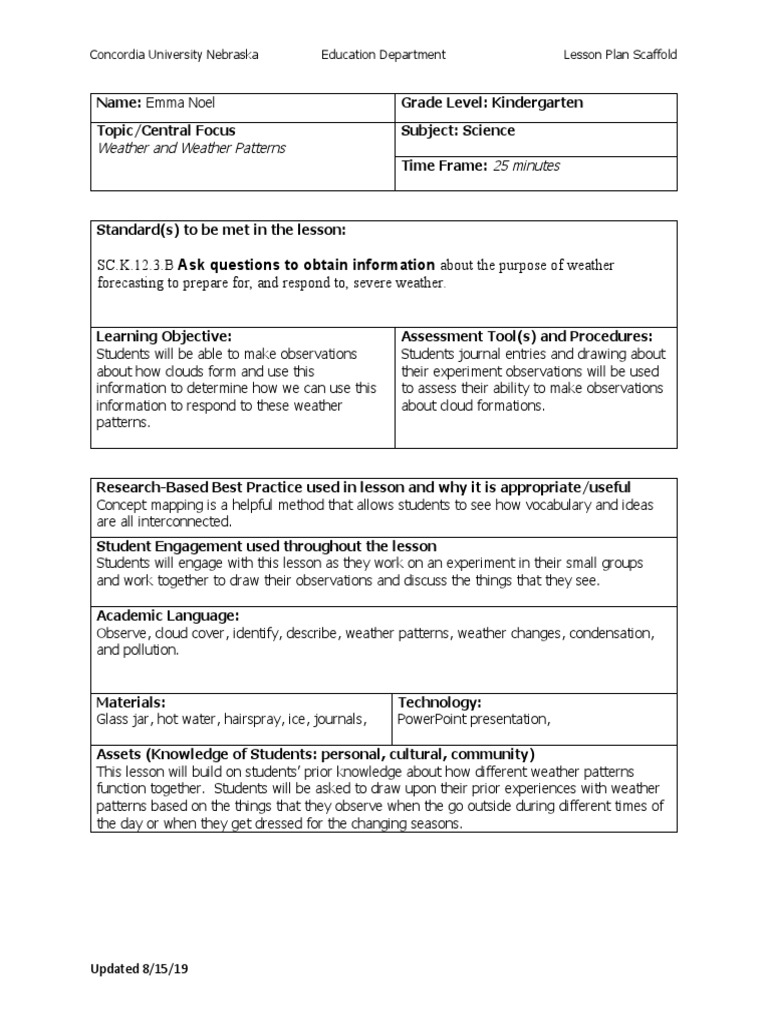 Kindergarten Weather Lesson Plan 2 | PDF | Lesson Plan | Fog