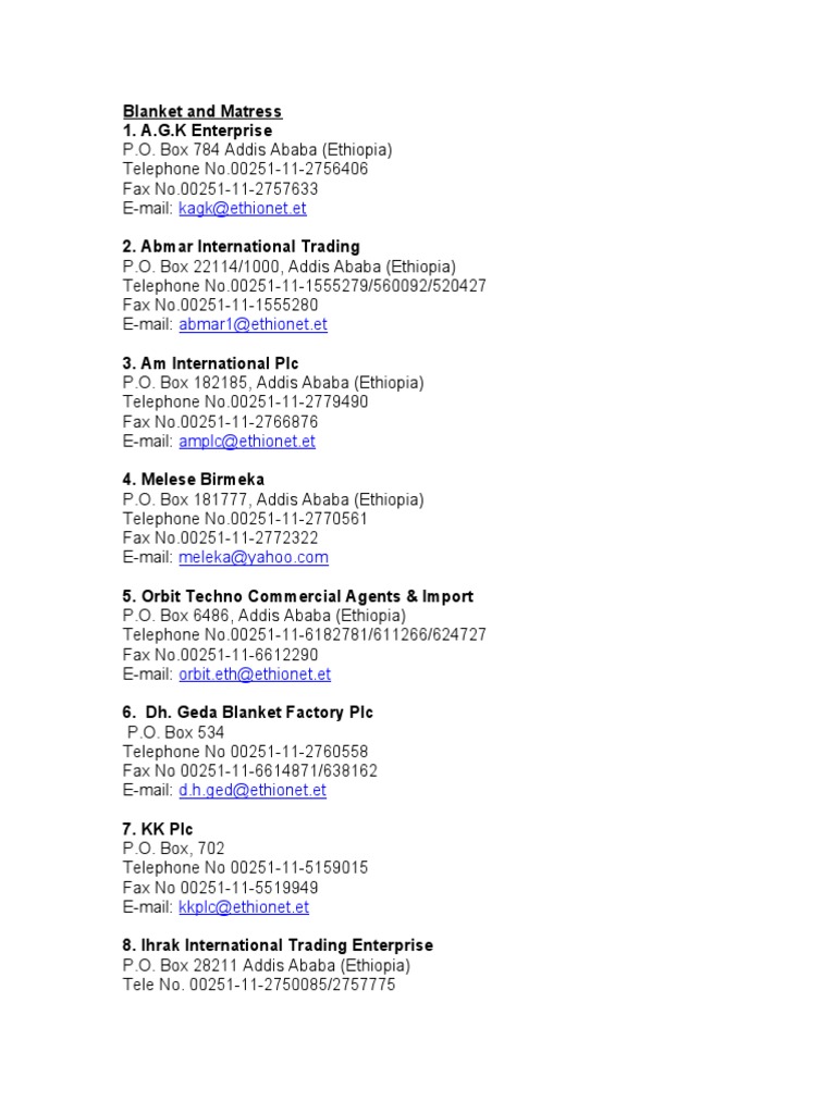 Kagk@ethionet - Et: Blanket and Matress 1. A.G.K Enterprise | PDF