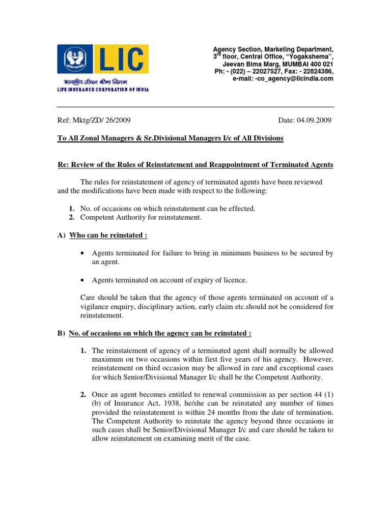 LIC Agent Reinstatement Rules Update | PDF | Public Law | Virtue