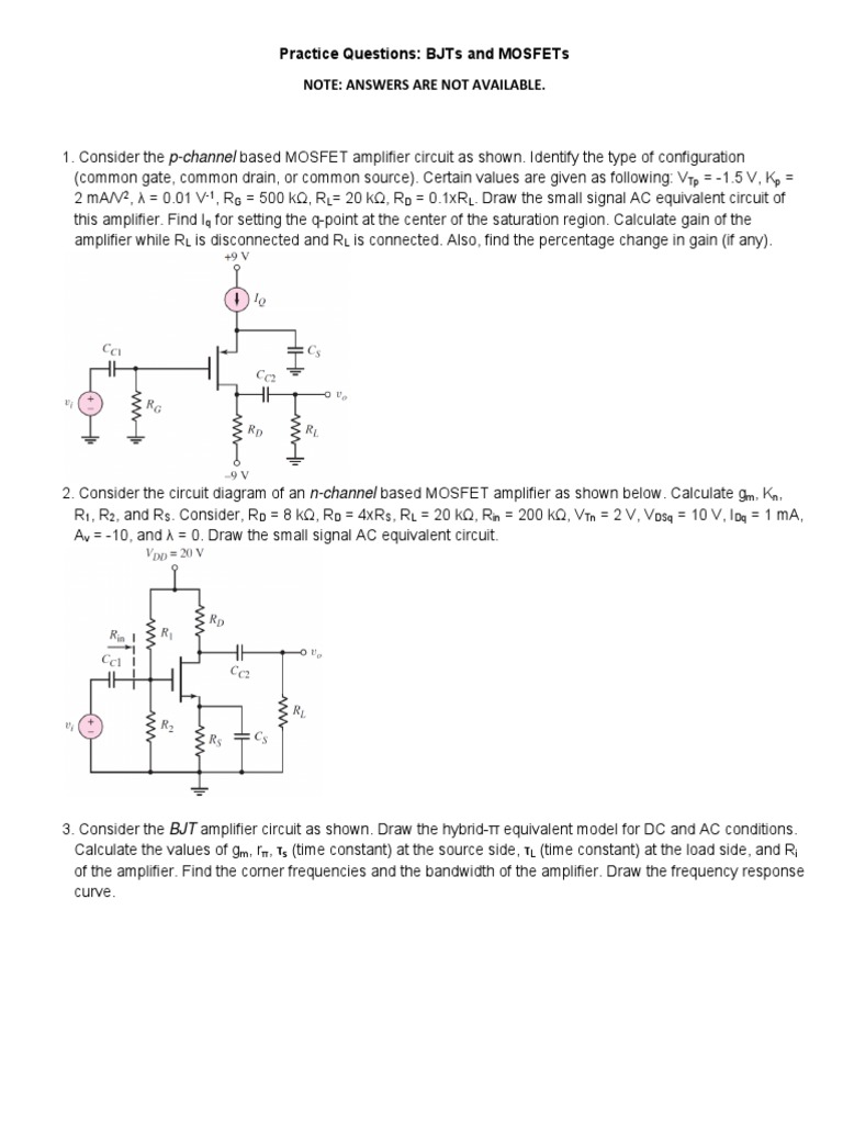 69 EC21101 Practice Questions BJT MOSFET PDF Bipolar Junction