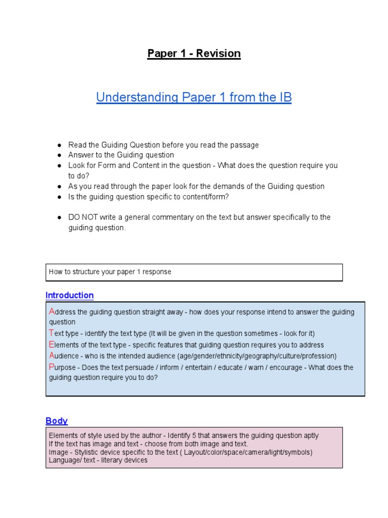 Paper 1 Structure Template Revision PDF Question Page Layout