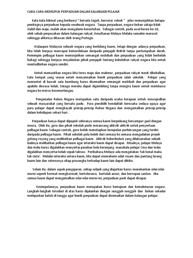 Cara Memupuk Perpaduan Dalam Kalangan Pelajar Pdf