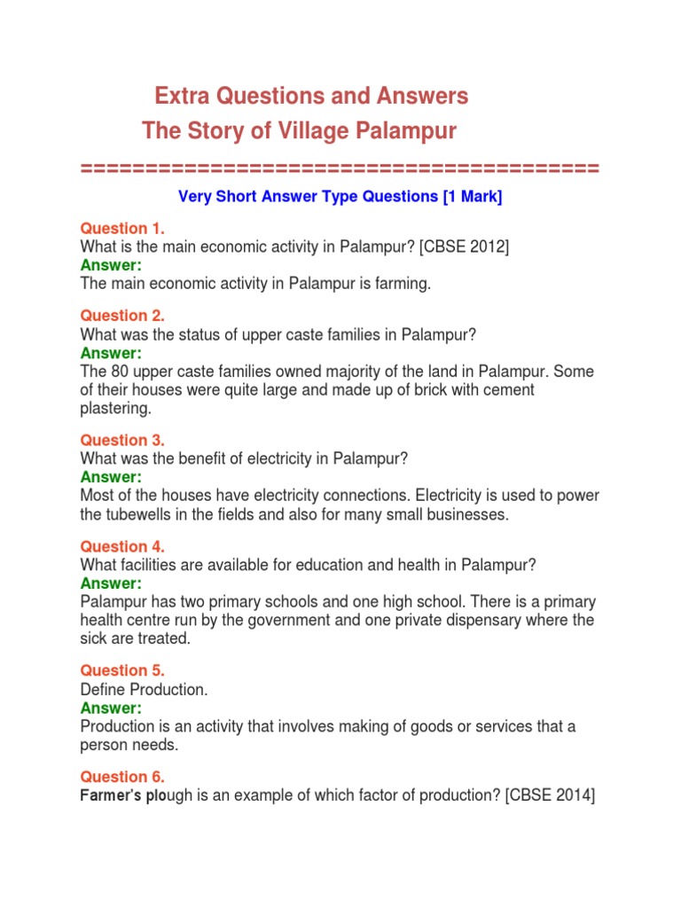 Extra Questions and Answers The Story of Village Palampur Download