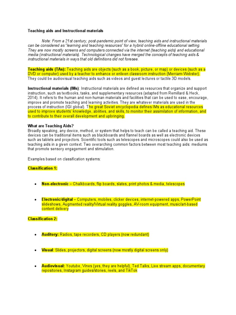 Teaching Aids and Instructional Materials PDF Teachers