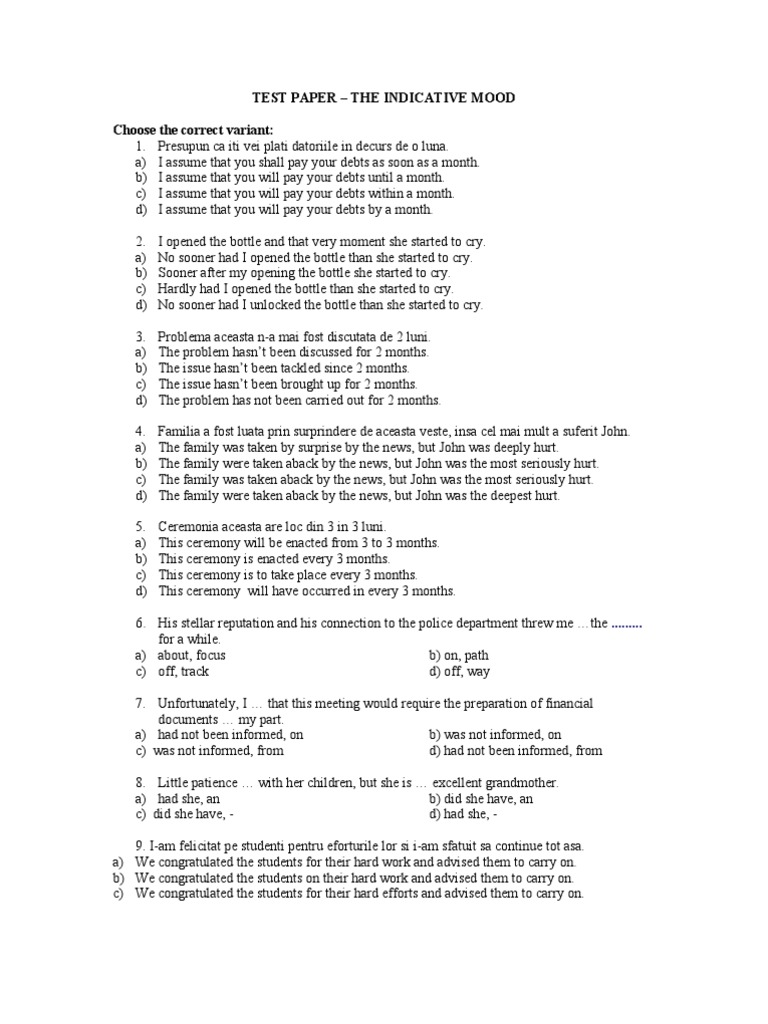 Test Paper on the Indicative Mood | PDF | Foreign Language Studies | Art