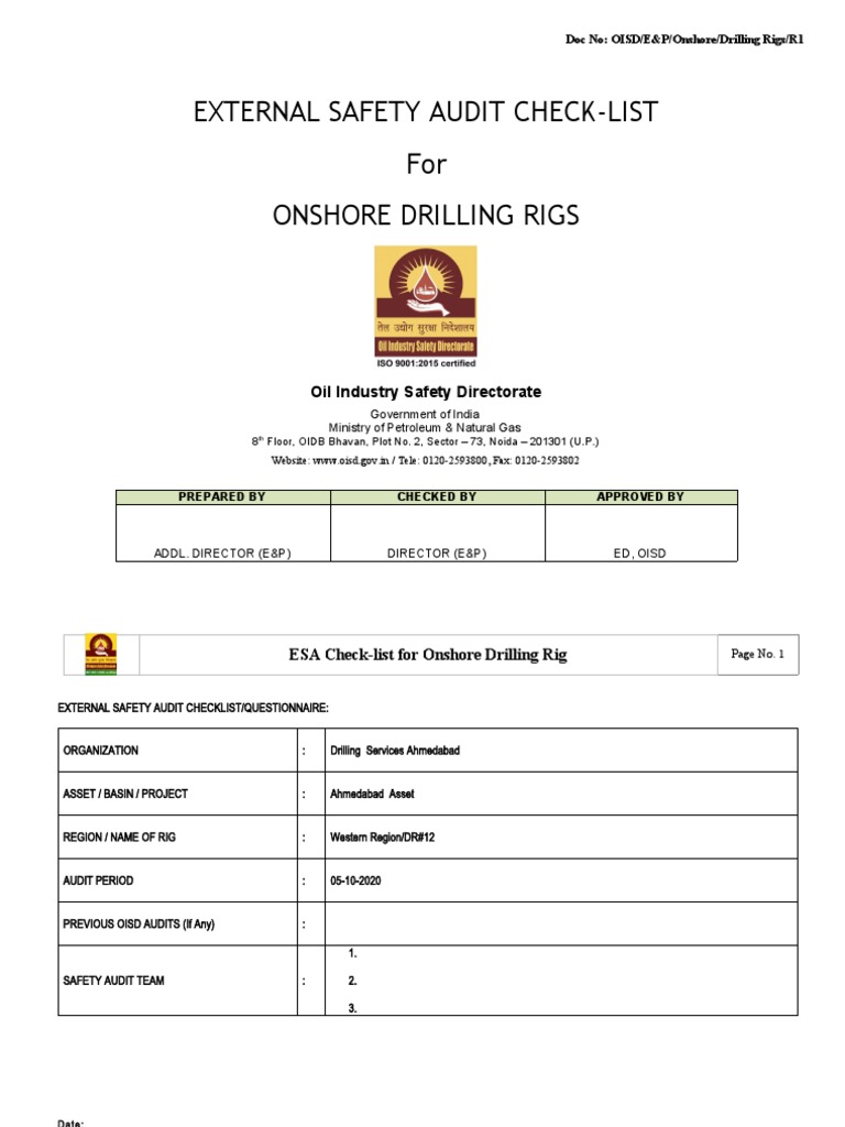 Onshore Drilling Rig Safety Audit Checklist | PDF | Oil Well | Drilling Rig