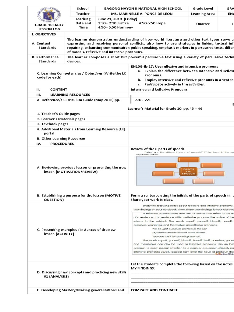 Reflexive and Intensive Pronouns Lesson | PDF | Learning | Teachers