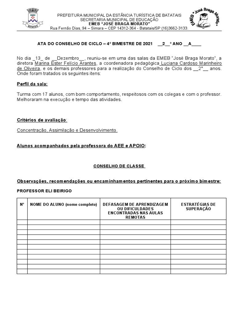 Ata Conselho de Classe - 2021 - 2°a | PDF