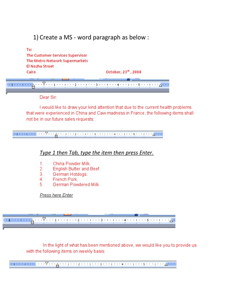 1) Create A MS - Word Paragraph As Below:: Type 1 Then Tab, Type The ...