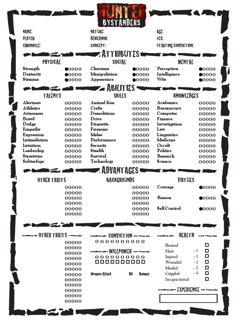 Hunter: The Reckoning Character Sheet | PDF | Role Playing Games | Gaming
