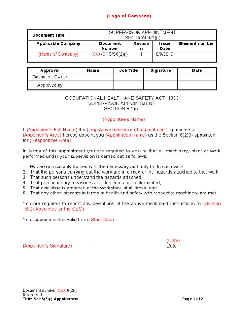 Supervisor Appointment - Sec 8(2)(i) | PDF | Occupational Safety And ...
