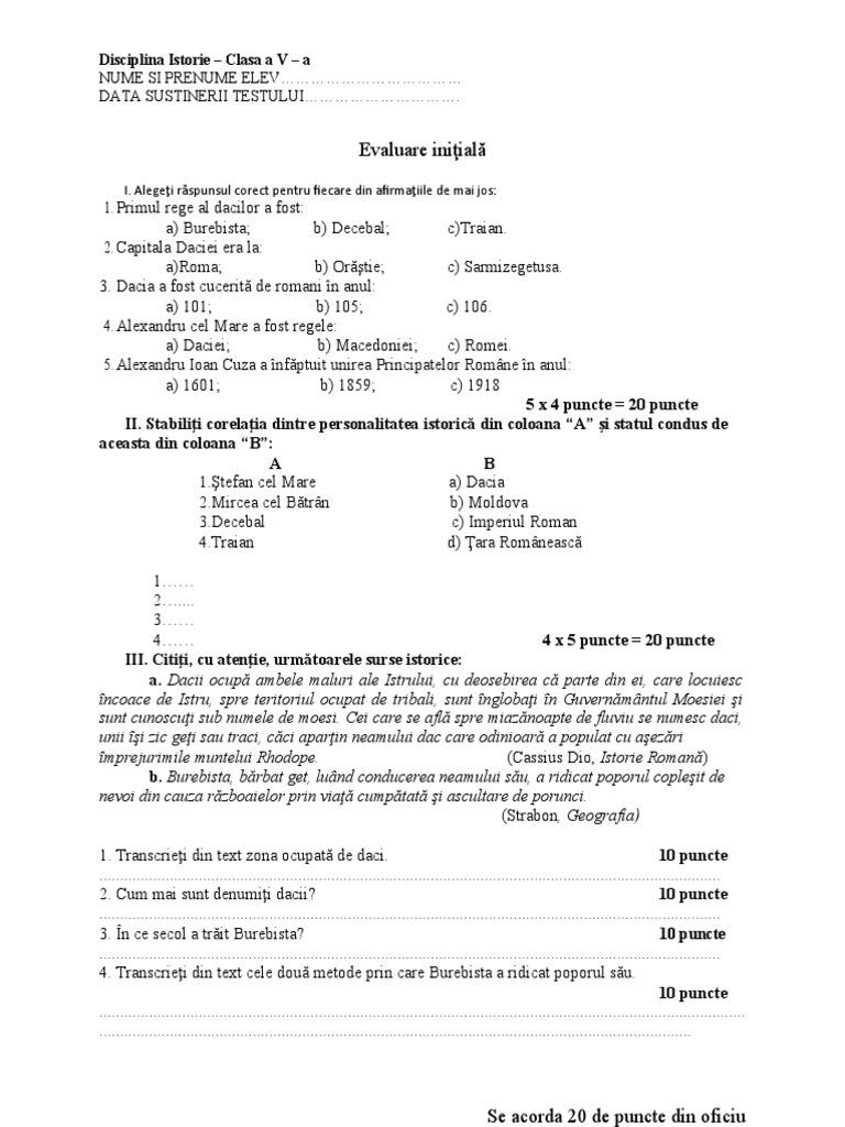 Test Initial CLS V A Istorie | PDF