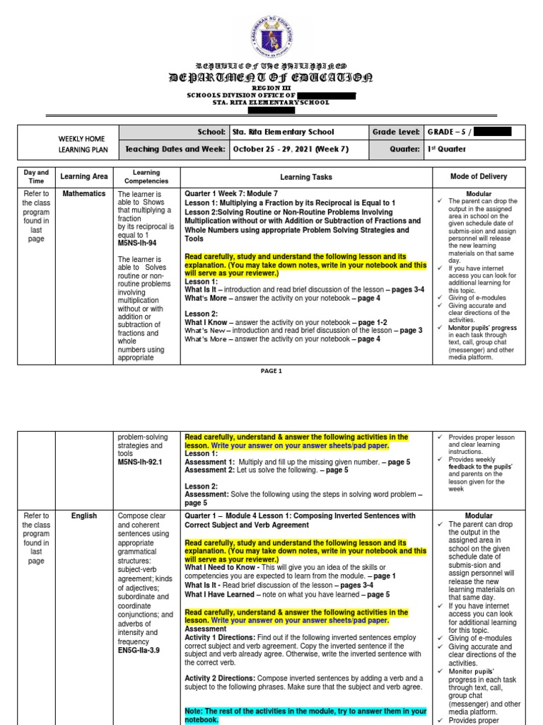 Grade 5 Weekly Learning Plan: Q1 W7 | PDF | Verb | Learning