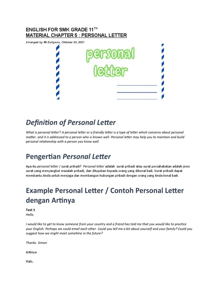 Definition of Personal Letter | PDF | Linguistics | Grammar