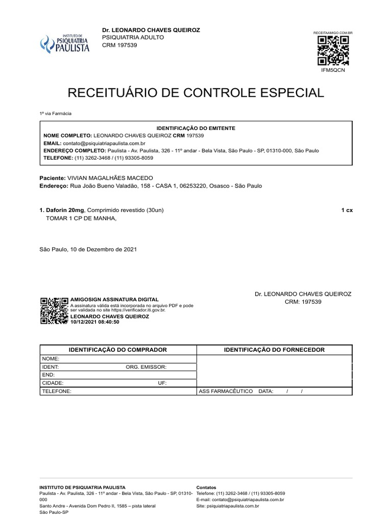 Receituário de Controle Especial: Psiquiatria Adulto CRM 197539