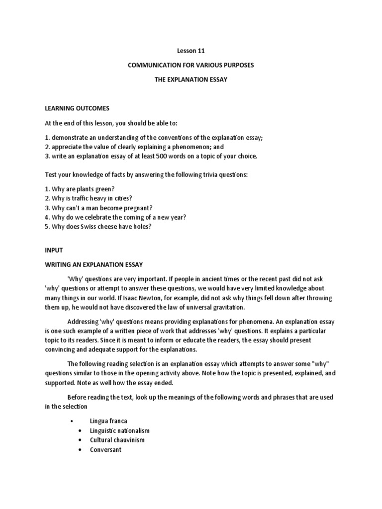 Pc Lesson 11 The Explanation Essay Pdf Essays Paragraph