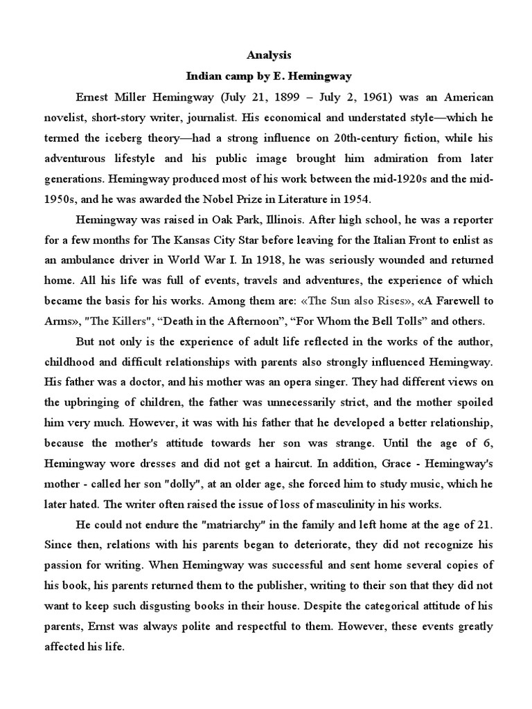 Analysis Indian Camp by E. Hemingway "The Killers", " PDF Ernest Hemingway