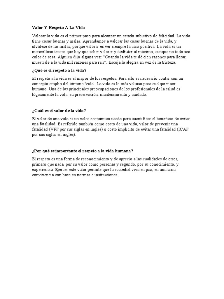 Valor y Respeto a la Vida Humana | PDF | Relaciones personales, crianza ...