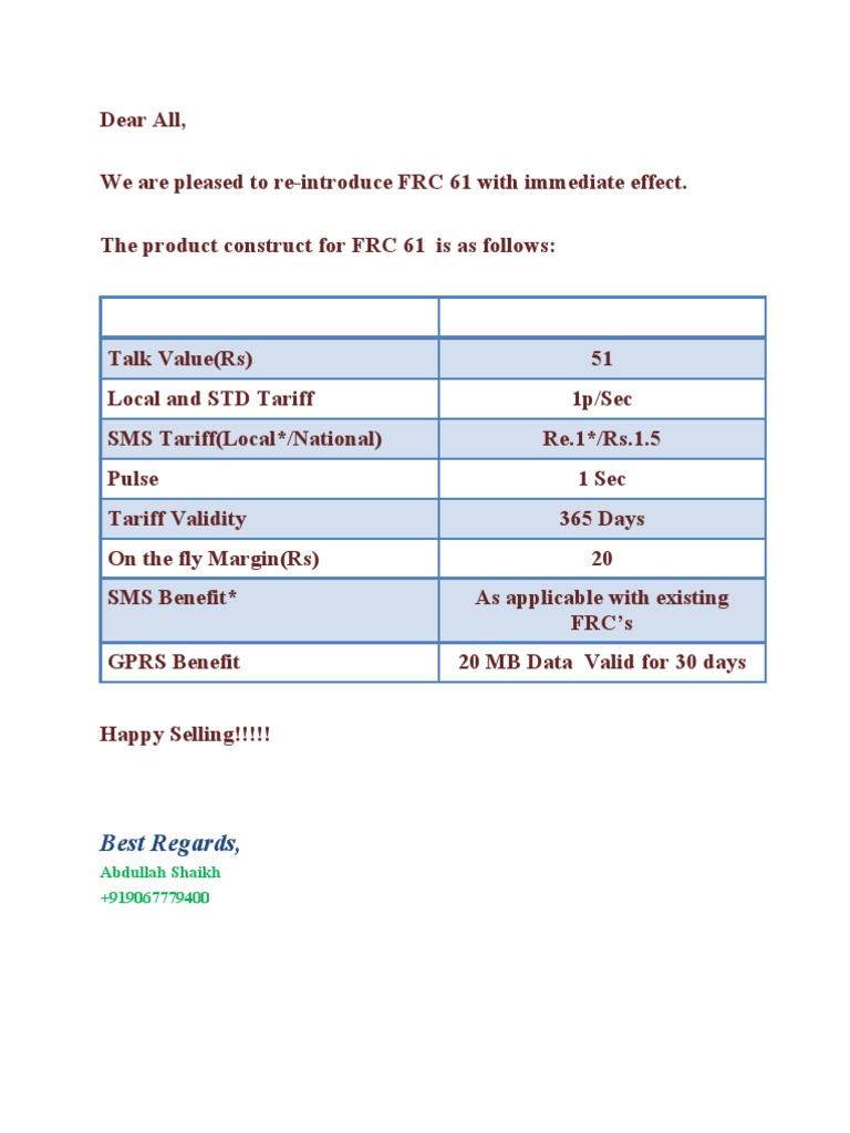 FRC 61 Pricing and Benefits Overview | PDF
