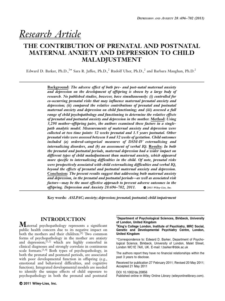 Maternal Anxiety and Depression | PDF | Prenatal Development | Anxiety