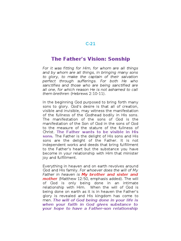 C-21 The Father's Vision - Sonship | PDF | Covenant Theology | Grace In ...