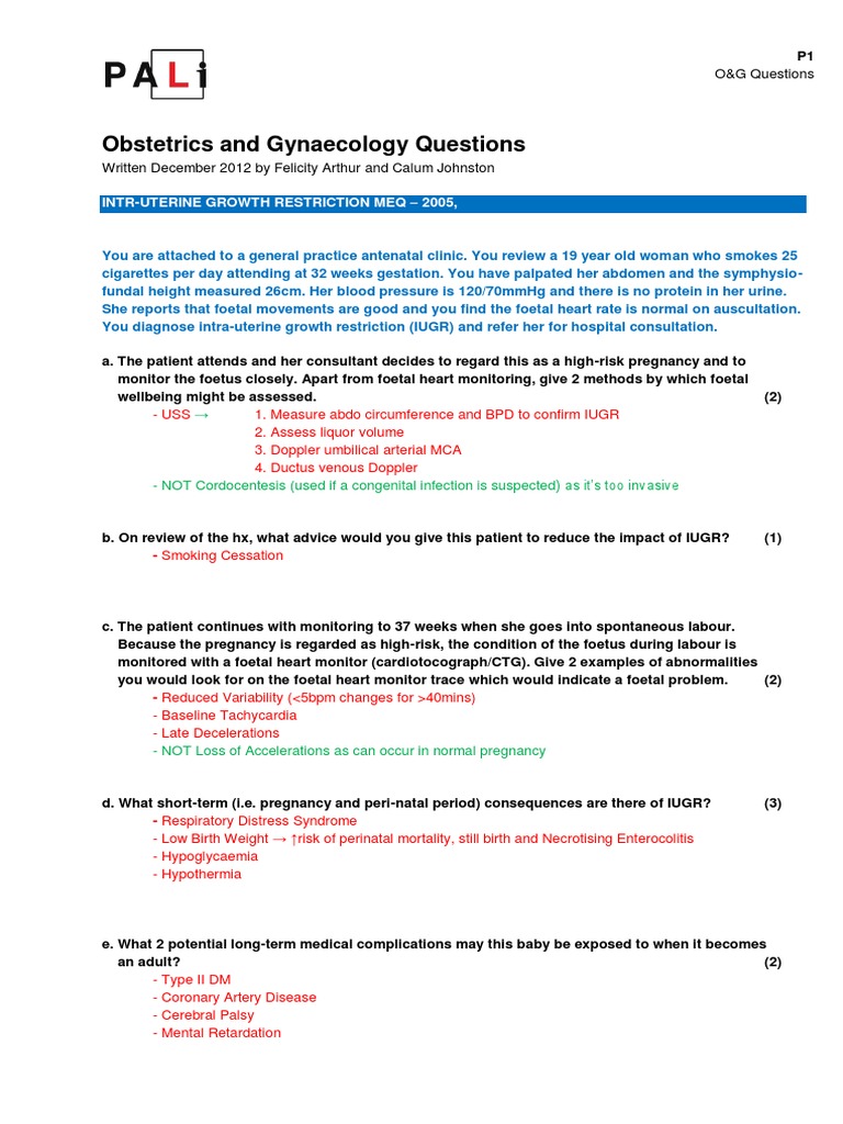 O&G Exam Questions and Answers Guide | PDF | Fetus | Pregnancy