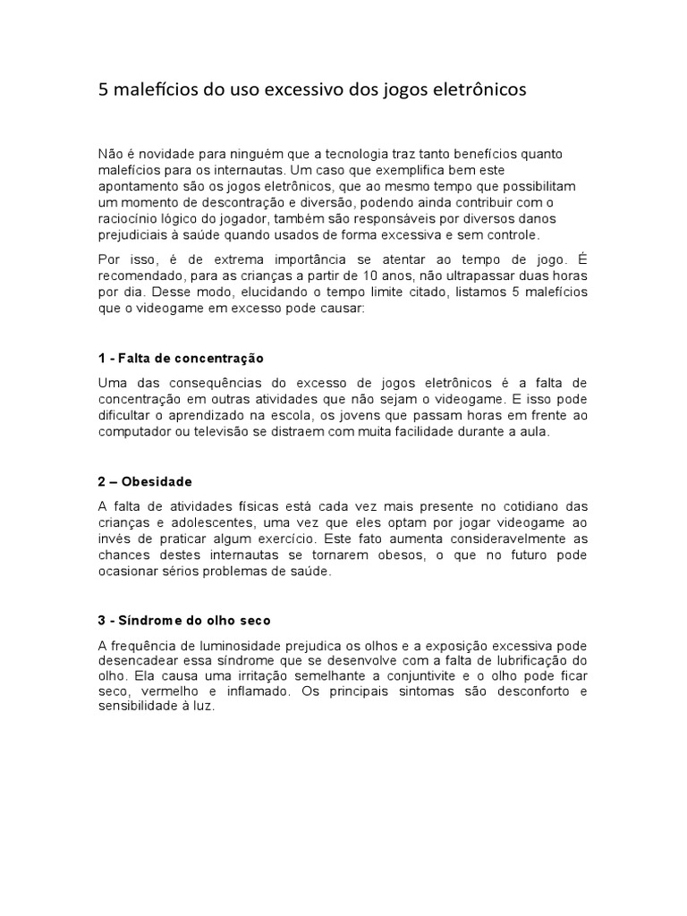 5 Malefícios Do Uso Excessivo Dos Jogos Eletrônicos | PDF | Videogames ...