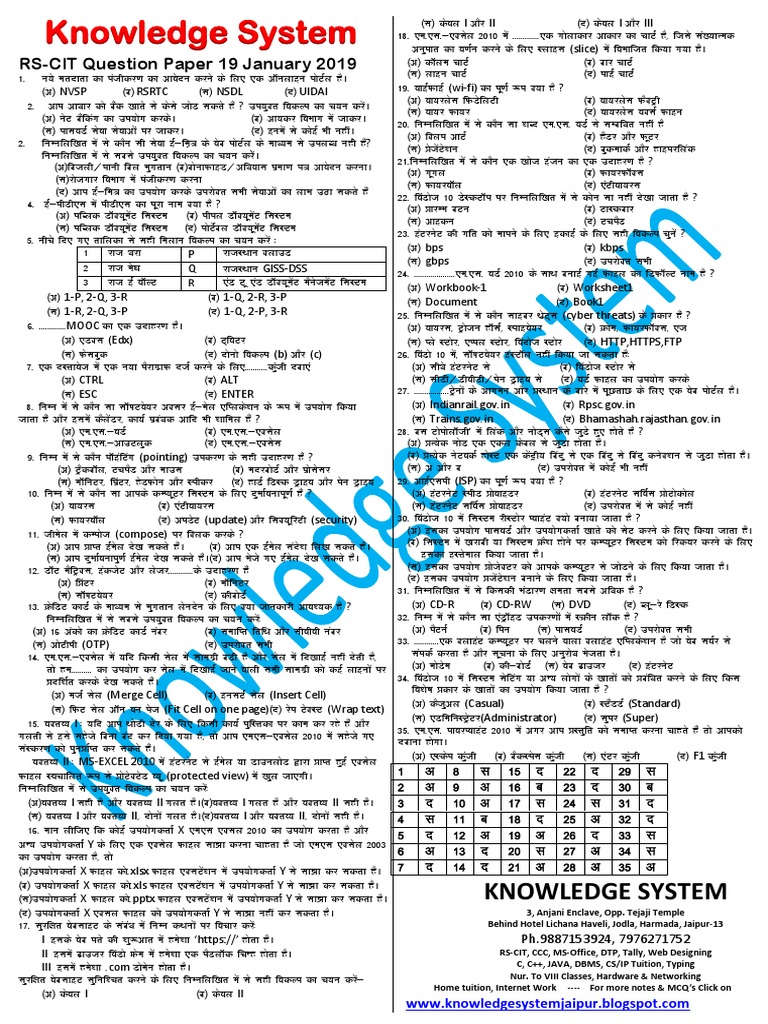 RSCIT Question Paper 19 January 2020 (Hindi) PDF Computing
