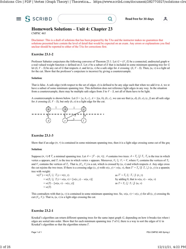 CLRS Solutions: Chapter 23 Exercises | PDF | Applied Mathematics ...