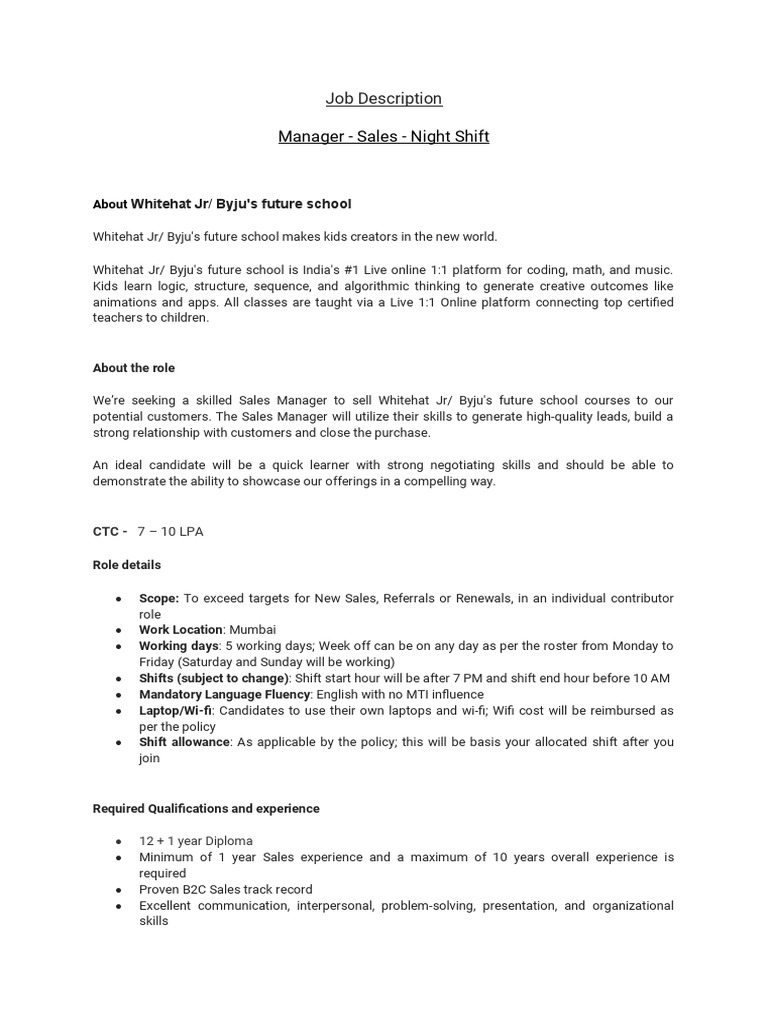 Manager Sales Night Shift Job Description PDF