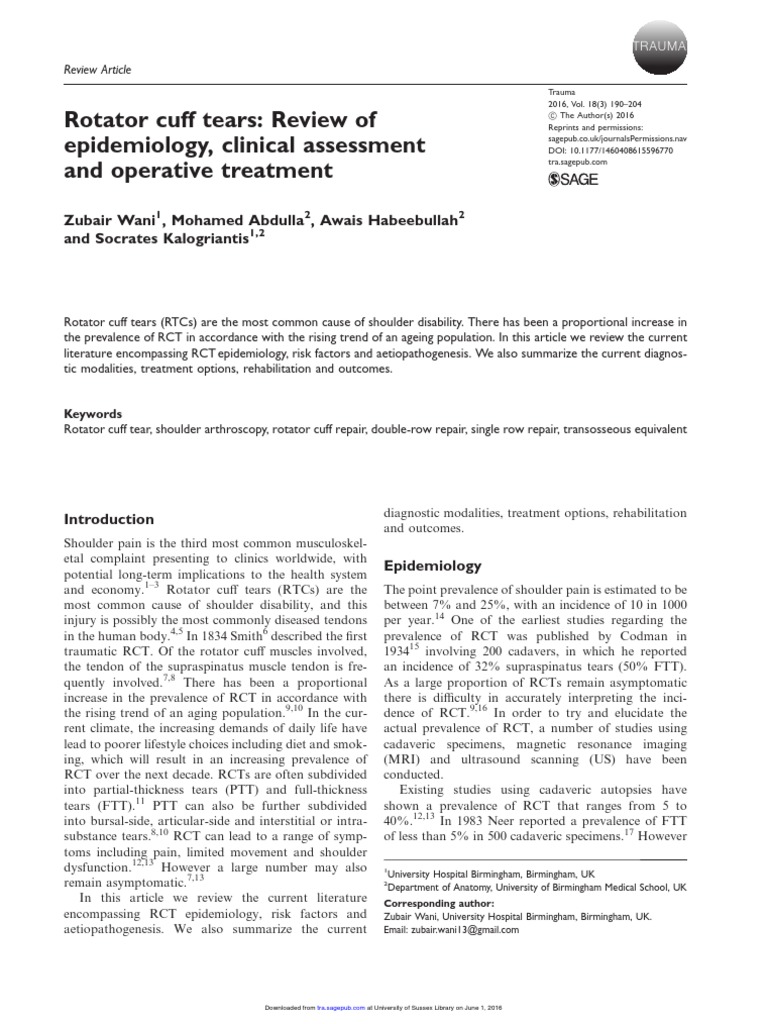 Rotator Cuff Tears Review of Epidemiology, Clinical Assessment and