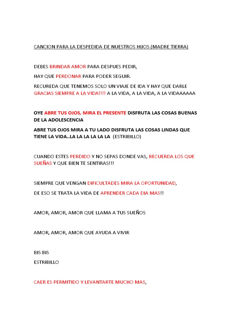 Cancion De Despedida Para Nuestros Hijos Pdf