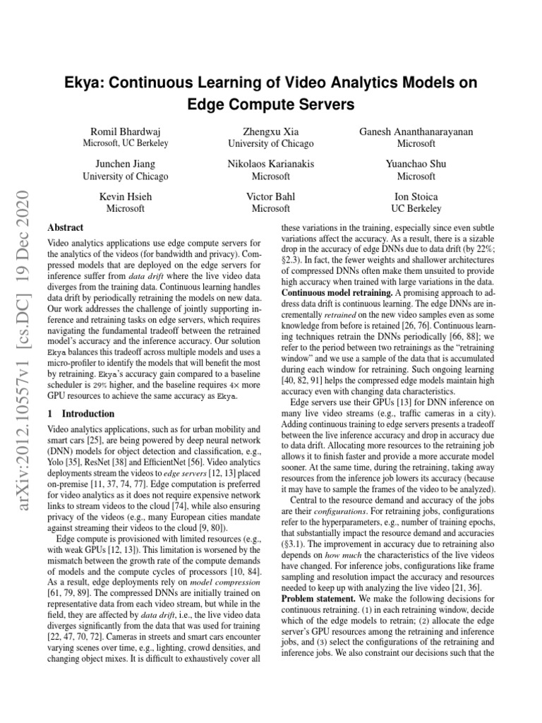 Ekya - Continuous Learning of Video Analytics Models On Edge Compute ...